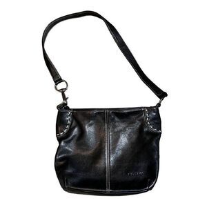 Stone Mountain Black Leather Shoulder Bag with Baseball Type Whipstitch Detail